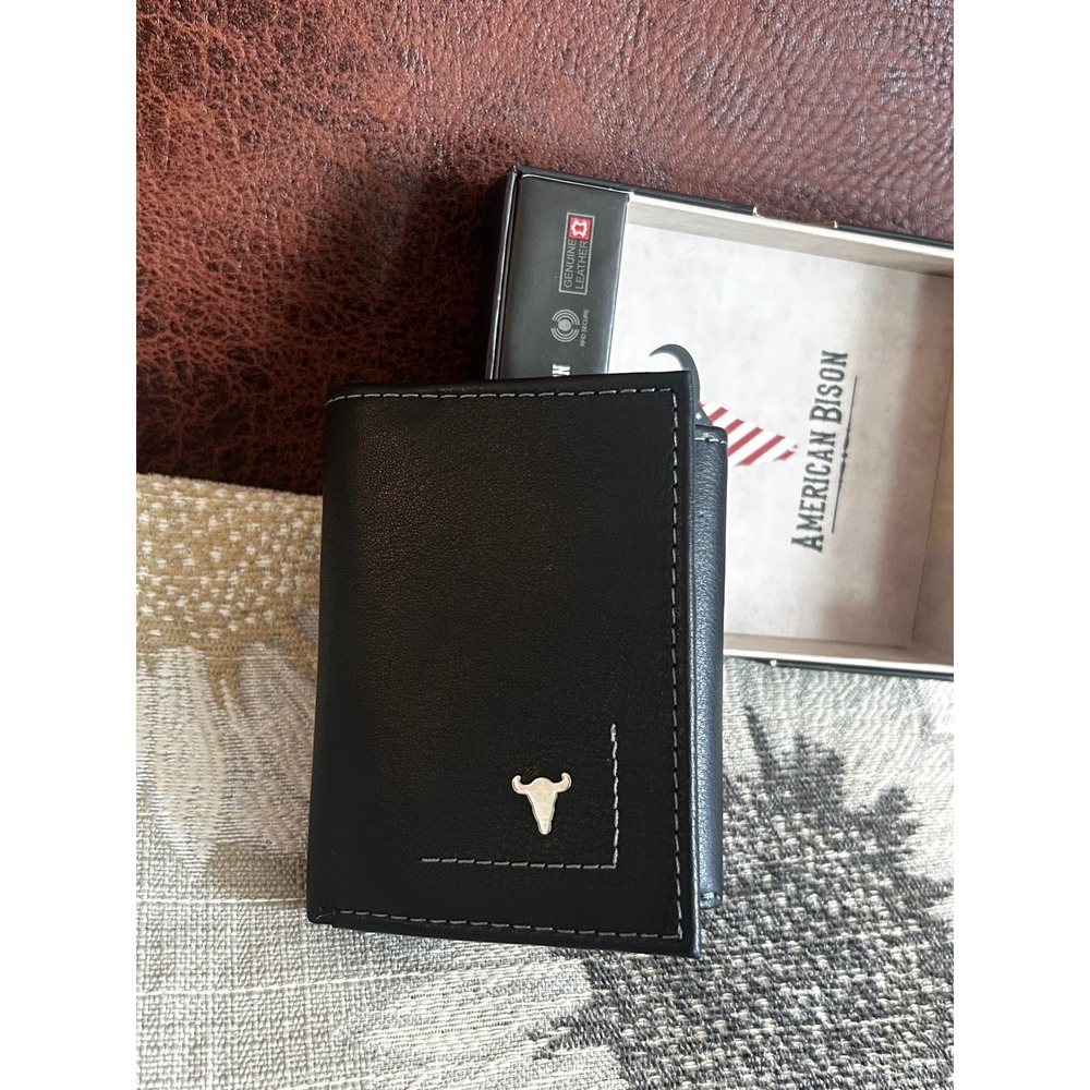 American Bison Mens Trifold Wallet Genuine Black Leather RFID Secure NIB